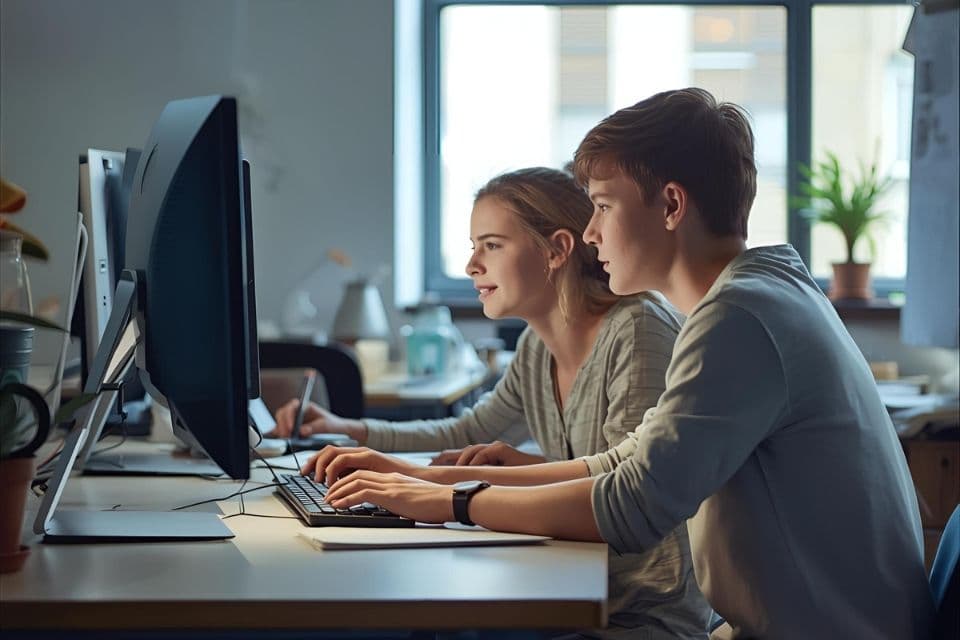 Studenti durante un corso di formazione digitale più richiesti di oggi come marketing, web design e intelligenza artificiale.