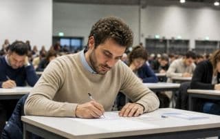 Candidato concentrato durante una prova per i concorsi nella Pubblica Amministrazione con quote riservate ai diplomati ITS.