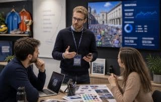 Un insieme di professionisti del marketing sportivo durante una riunione nello spogliatoio di uno stadio.