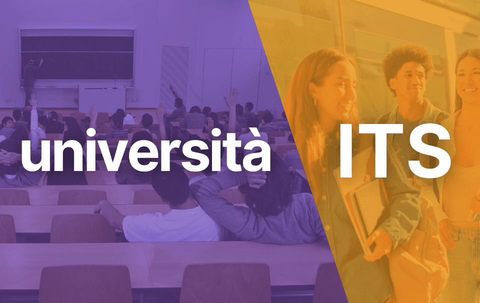 Immagine divisa che confronta università a sinistra, tono viola, aula e ITS a destra, tono giallo, studenti sorridenti all'aperto.