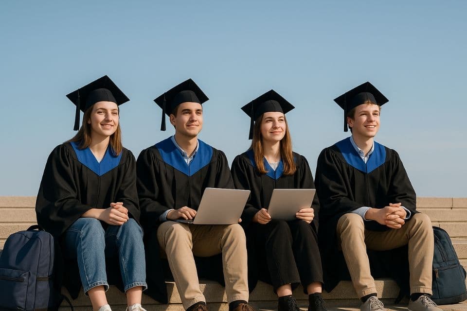 Quattro giovani diplomati seduti su una scalinata all’aperto, con zaini e laptop, indossano toge e cappelli da laurea mentre sorridono guardando l’orizzonte sotto un cielo limpido, simbolo delle tante strade possibili dopo la scuola superiore.