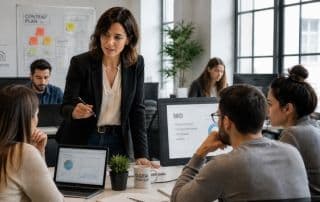 Docente spiega l'analisi dei dati e la SEO agli studenti durante una lezione del corso per diventare Digital Marketing Manager.