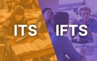 L'immagine è divisa in due colori, sullo sfondo si intravedono in trasparenza degli studenti arancio a sinistra e viola a destra. Nella prima metà c'è scritto ITS e nella seconda metà IFTS.