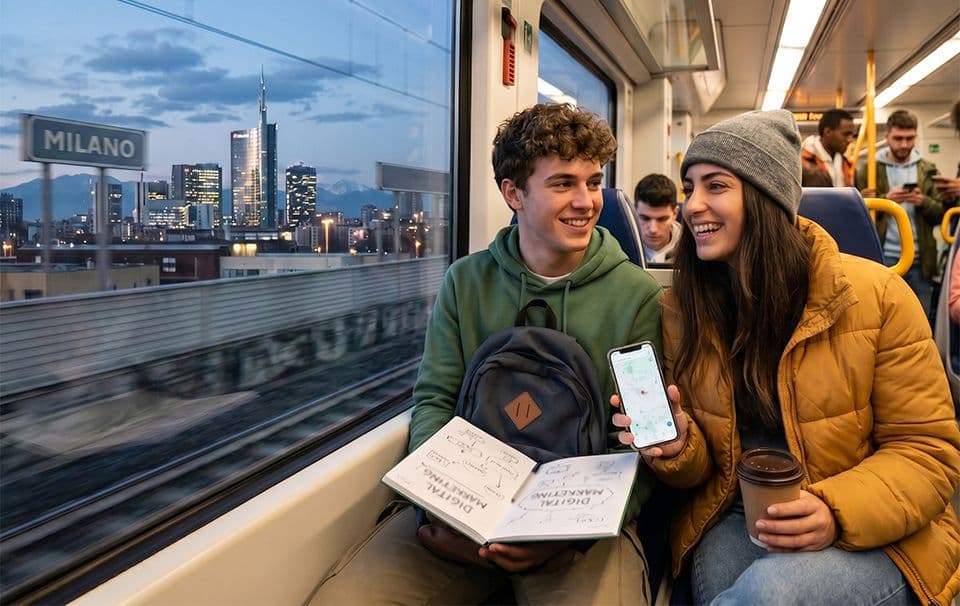 Due studenti fuori sede in treno verso Milano per frequentare un corso ITS, mentre consultano una mappa sullo smartphone e appunti di Digital Marketing.