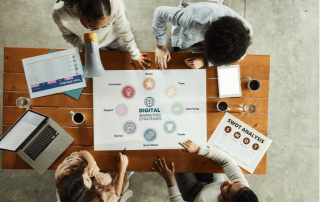 Team di professionisti del marketing che lavora a una strategia di marketing digitale, analizzando un diagramma con le varie componenti e un'analisi SWOT.