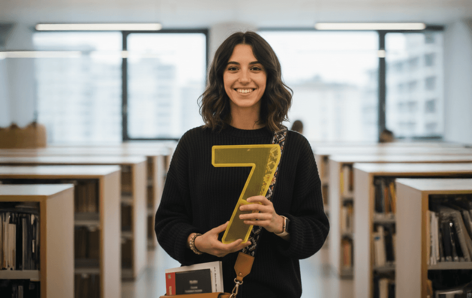 Foto di una ragazza sorridente in aula moderna, mentre tiene in mano il numero sette come simbolo dei 7 falsi miti da sfatare sugli ITS.